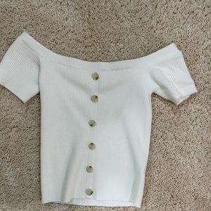 White sweater off the shoulder top with buttons
